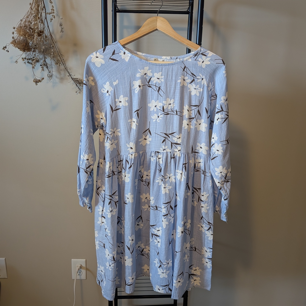 100% Linen Floral Blue Dress